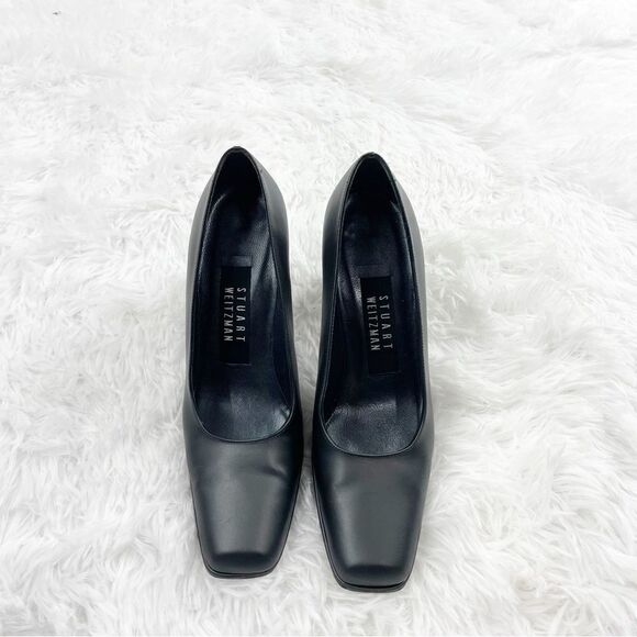 Stuart Weitzman Metallic Block Heel Square Toe Leather Shoes - Picture 2 of 8